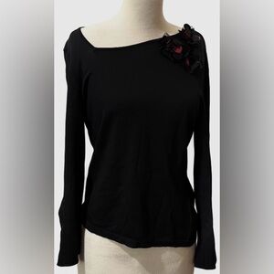 Colette Mordo Red Black Floral Top Women's M Asymmetrical Neck Long Sleeve